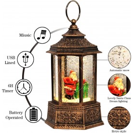 Музикален коледен LED фенер преспапие, шестоъгълник 